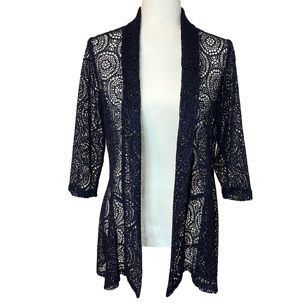 Frank Lyman Women’s Navy Mesh Crochet Open Front Peplum Cardigan 10